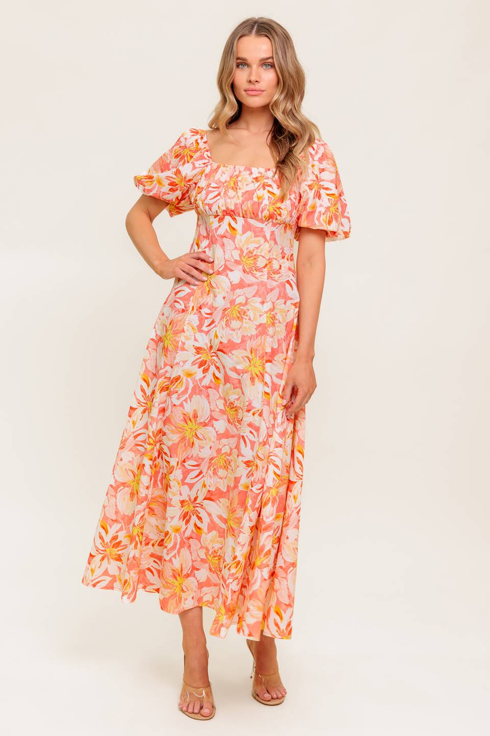 OCEAN FLORALS CORAL WOVEN MIDI DRESS Flying Tomato